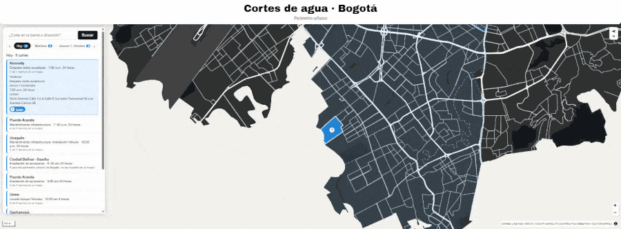 Demostración del mapa de cortes de agua: se elige el corte de Kennedy, el mapa hace zoom al barrio Galán y se abre una ficha con el trabajo, el horario y el lugar del corte